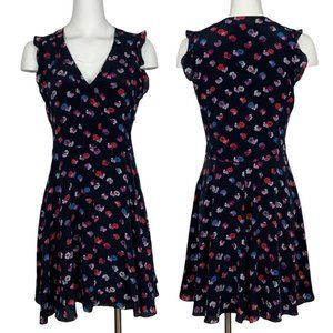 Rebecca Taylor Silk Sakura Dress 6 Blue Floral Sleeveless Ruffle V-Neck Mini